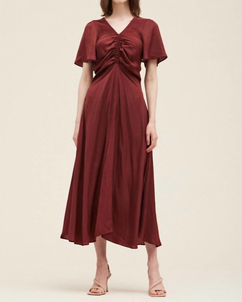 Front of a model wearing a size L Gathered Front Maxi Dress In Vino in Vino by GRADE & GATHER. | dia_product_style_image_id:354001